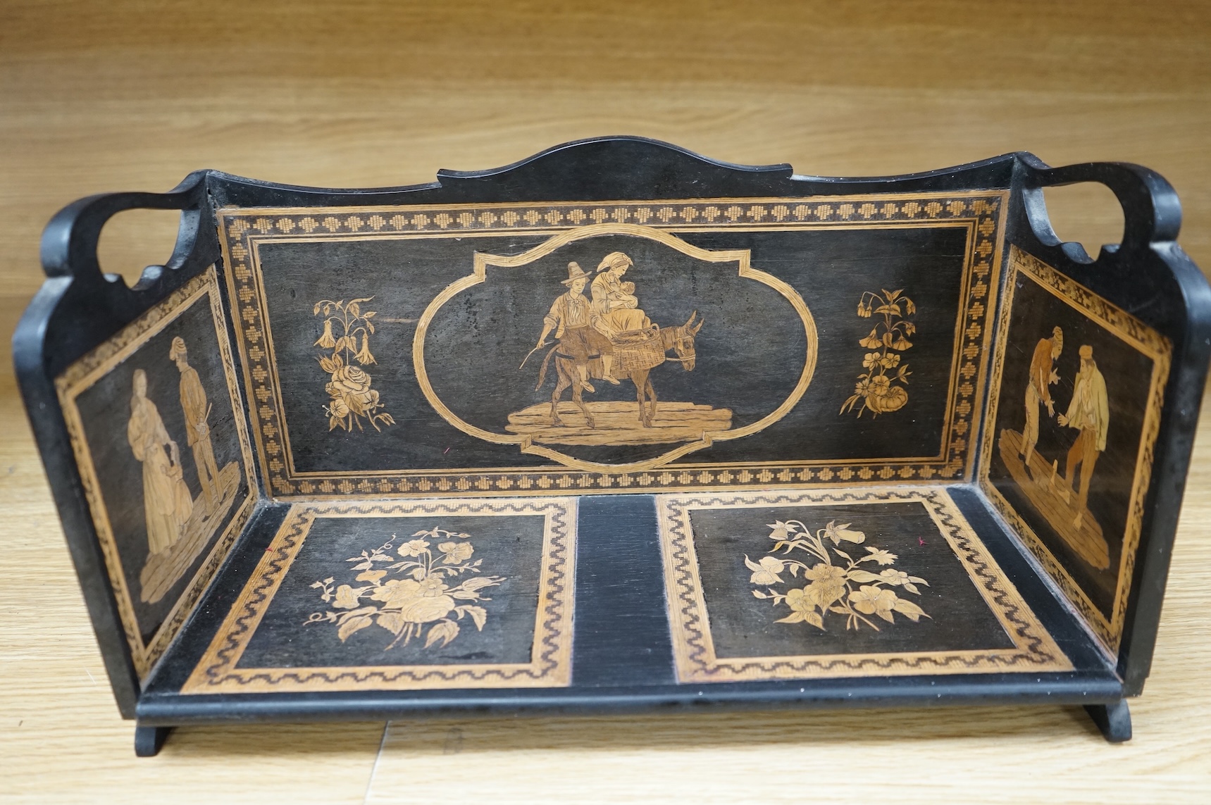 A late 19th century Sorrento ware book stand, 37.5cm wide x 20cm high
